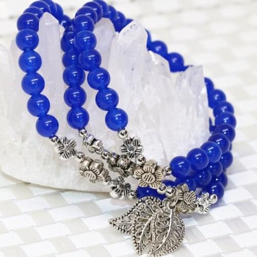 Original multilayer bracelet for women high quality natural blue round jades stone chalcedony 6mm beads jewelry making B2223
