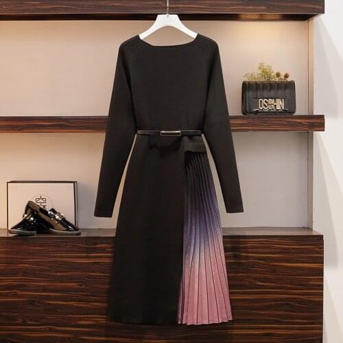 Autumn Winter Elegant Knitted Patchwork Gradient Pink Pleated Dress Women Long Sleeve Office One-Piece Sweater Dress 804C
