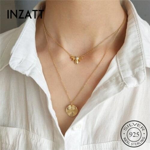 INZATT Lovely bee Geometric Round Pendant Necklace Gold Color 925 Sterling Silver FINE Jewelry For Women Accessories Gift