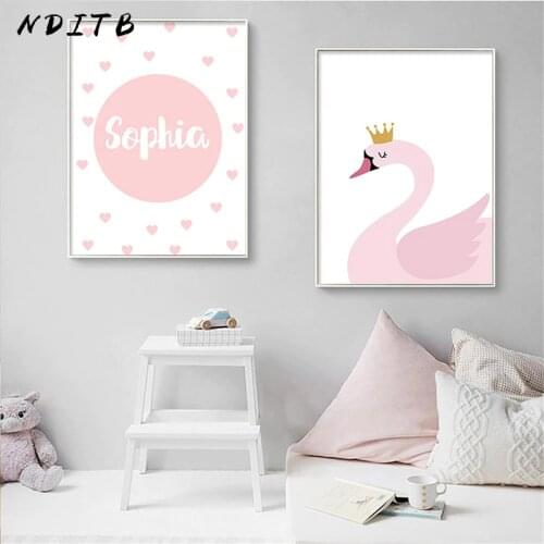 NDITB Personal Name Custom Poster Cartoon Pink Swan Nursery Print Painting Decorative Picture Baby Girls Living Room Decoration