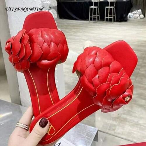 Flat Candy Color Outer Wear Casual Womens One-word Sandals Leather Square Head Flowers Comfortable All-match Sandals