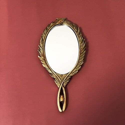 Retro Gold Feather Hand-held Mirror Makeup Mirror Home Decoration European Baroque Style Old Style Mirror Decoration Home