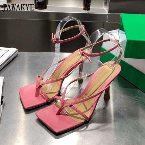 Gold Leather Square Toe Clip-On Strappy High Heels Sandals Women Narrow Band Ankle Strap New Summer Shoes Party Runway Sandals