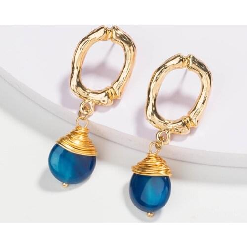 Fashion Lady Natural Stone Round Geometric Dangle Ear Stud Earrings Jewelry Gift