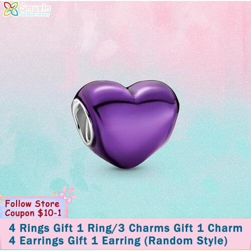 Smuxin 925 Sterling Silver Beads Metallic Purple Heart Charm fit Original Pandora Bracelets for Women Jewelry Making Gift