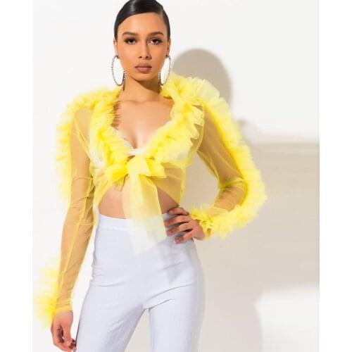 Long Sleeve Ruffle Tulle Blouse Sheer Tie Crop Top Custom Made See Through Short Yellow Tulle Women Tops