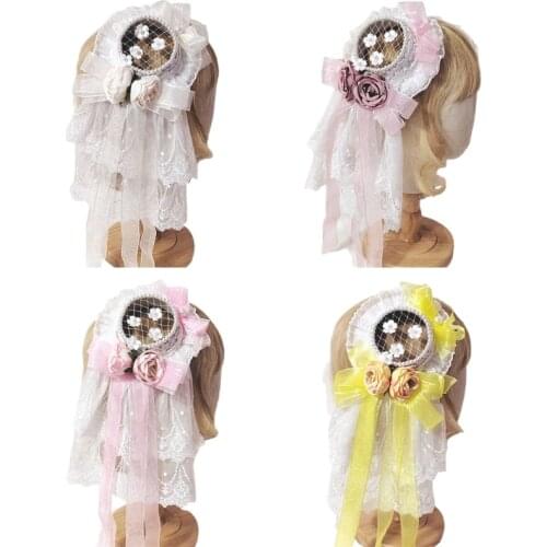 Lolita Lace Headdress Gorgeous Pearl Top Hat Cute Ribbon Bows Hat Sweet Kawaii Bowknot Headwear Anime Cosplay Headpiece