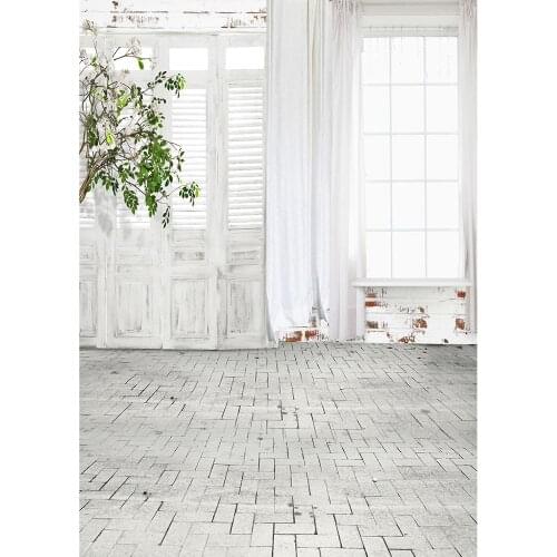 White Curtain Door Brick Floor Photography Background Vinyl Backdrop Photo Studio for Children Baby Portrait Pets Toy Photophone