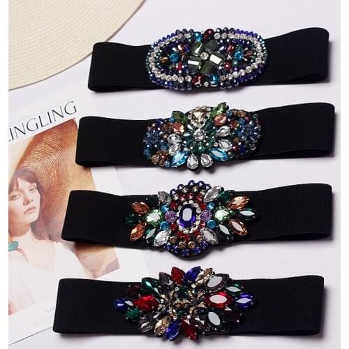 Womens runway fashion crystal beaded elastic Cummerbunds female Dress Corsets Waistband Belts decoration wide belt TB1216