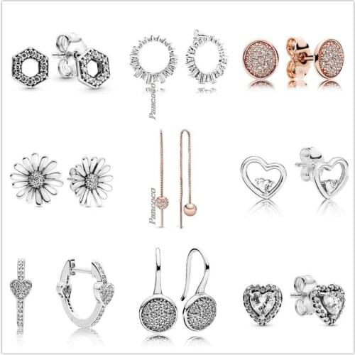 Authentic 925 Sterling Silver Earring Pave Daisy Flower Statemen Stud Earrings For Women Wedding Gift Fashion Jewelry