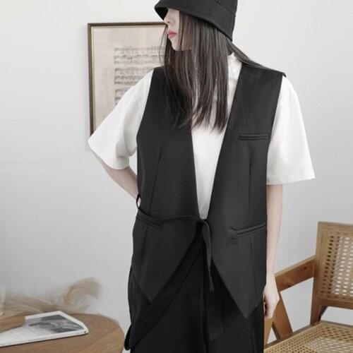 Women Black Asymmetrical Bandage Big Size Loose Fit Vest New V-collar Sleeveless Fashion Tide Spring Autumn 2021 C766