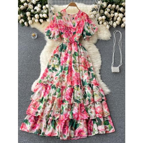 2021 Summer Fashion New Elegant Temperament Vestidos Womens V-neck Flared Sleeve Chiffon Printing Holiday Midi Dress GL316
