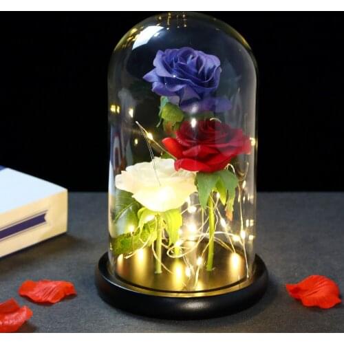 2021 Three flowers Galaxy Rose Eternal Beauty and the beast With Fairy String Lights In Dome For Christmas Valentines Day Gift