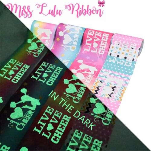 3"75mm "Live Love Cheer" White Ink Printing Glow in the Dark Geometric Printed Grosgrain Ribbon DIY Sports Party 50yards/roll