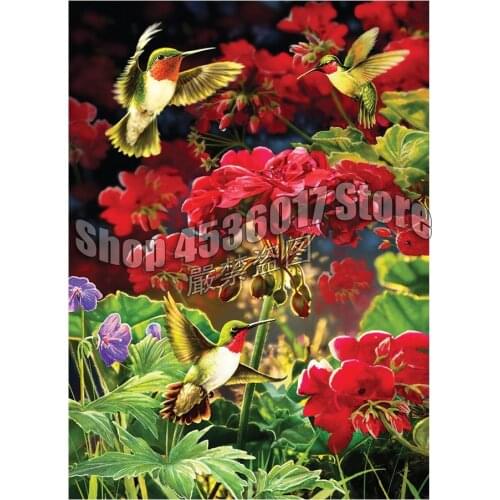 Ruby Geraniums DIY 5D Diamond Embroidery Resin Diamond Mosaic Home Decor Hummingbird Flowers Diamond Painting Cross Stitch Kits