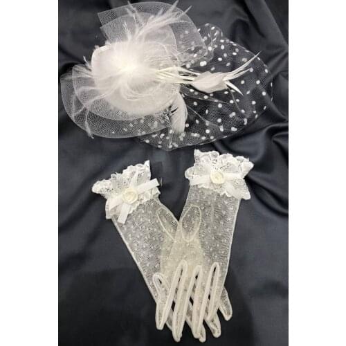White Ruched Gloves-polka dot Vualet Wedding Hat