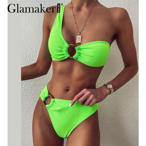 Glamaker Neon green one shoulder bikini Black sexy women swimwear beachwear Push up high cut swimsuit female bathing set bathers