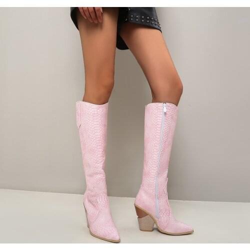 Black Pink Blue Knee High Boots Western Cowboy Boots for Women Long Winter Boots Pointed Toe Cowgirl wedges Motorcycle Boots