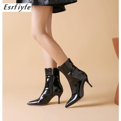 ESRFIYFE 2020 Autumn and Winter New Style with Fine Pointed High Heels Martin Boots Patent Leather Ankle Boots Womens Boots