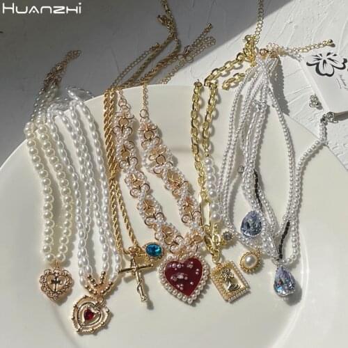 HUANZHI 2021 New Summer Vintage Choker Weave Pearls Colorful Beaded Rhinestone Flowers Necklace for Women Girls Party Jewelry