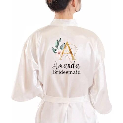 Custom English letters Flowers Print Personalised Women Satin Kimono Robe Satin Dressing Gown Bathrobe