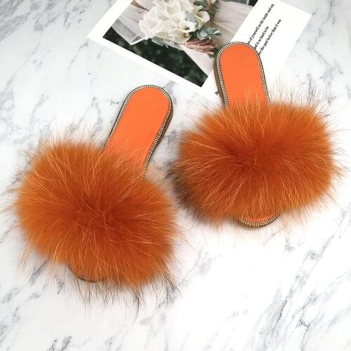 Summer Slipper Female Crystal Indoor Fur Slippers Women Real Fox Fur Furry Slides Designer Luxury Rhinestone Shoes Ladies 2021
