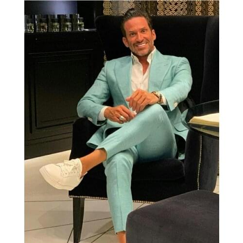Fashion Peaked Lapel Mint Green Mens Wedding Tuxedos Groom Wear 2021 Business Party Prom Best Men Blazer Suit(Jacket+Pants)