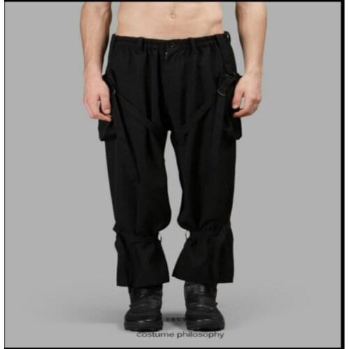 28-44 Mens Clothing Loose Wide-leg Pants Black Casual Belt Trousers Fashion Catwalk Show Singer Stage Plus Size Costumes