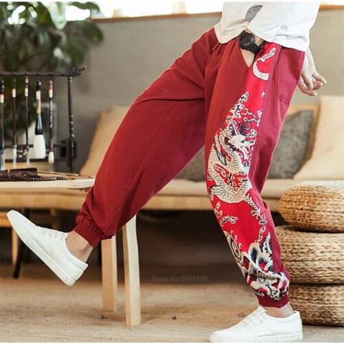 Men Harajuku Pants Japanese Style Samurai Costume Dragon Ukiyo-e Fashion Vintage Haori Trousers Streetwear Wide Leg Harem Pant