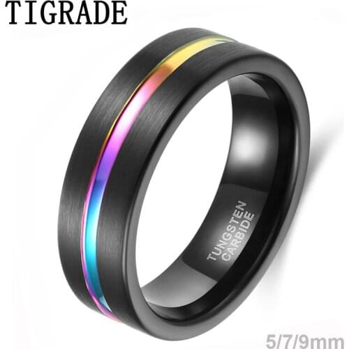 Tigrade New Man Ring 7mm Black Tungsten Carbide Rings Mens Jewelry Colorful Line Wedding Bands Rings Male Size 6-12 bague homme