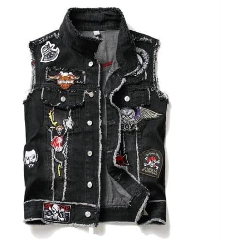 M/3Xl Men Embroidery Patchwork Denim Vests Black Skull Printing Patches Male Jeans Waistcoats Punk Slim Sleeveless Jacket