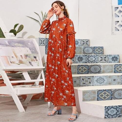 FridayIn Autumn New Women High Neck Long Sleeve Loose Waist A-line Skirt Female Printed Zipper Long Top Orange Muslim Long Dress