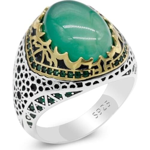 New Pure Vintage Agate Stone Ring for Women Engagement Wedding Rings Men Rings 925 Sterling Silver Anillo Hombre Green Stone
