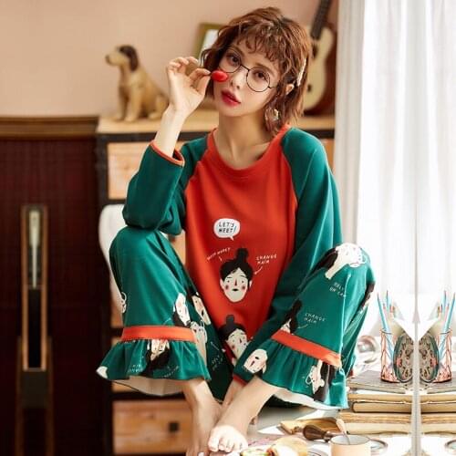 Cartoon Pajamas Set Women Spring and Autumn Long-sleeved Cotton Nightgown Cute Leisure Two-piece Set Female Homewear Tops f1970