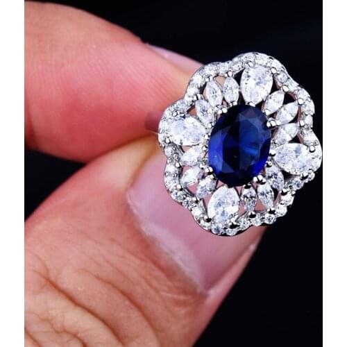 Luxury Wedding Ring Inlay Oval Blue Cubic Zirconia Adjustable Size Charm Flower Vintage High Grade Jewelry For Women Engagement