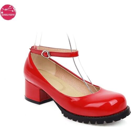 Womens Mens Patent Leather Mary Jane Shoes Lolita Casual Ankle Strap Round Toe Mid Heel Pumps Non-Slip Sole Red White Black