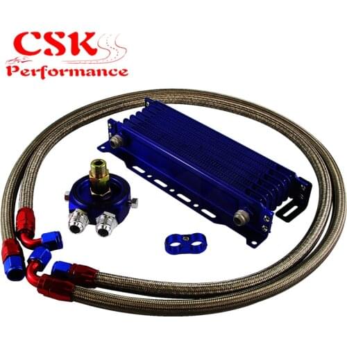 AN10 7Row 262mm Universal Engine Transmission Oil Cooler Trust Type + Aluminum Filter Hose End Kit Silver/Blue/Black