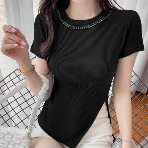 Summer Korean Style Tops Asymmetrical T-Shirt Women Cotton 2021 Short Sleeve Casual Slim T Shirt Woman Clothes Tee Shirt Femme