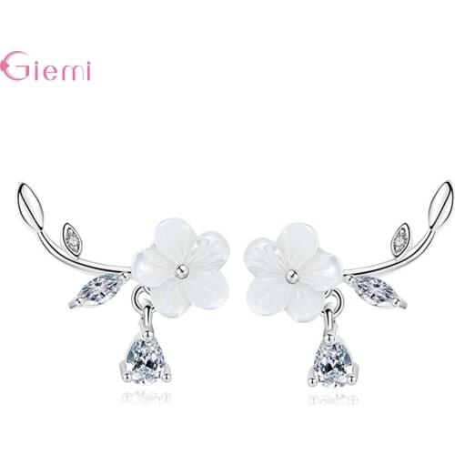 Fresh 925 Sterling Silver Shell Hand-carved Plum Blossom Stud Earrings For Women Girl Cubic Zircon Earring Jewelry