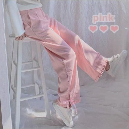 Sweet Womens Corduroy Trousers Bows Trim Long Loose Trousers Wide Leg Pants Stringy Selvedge Pants Casual Fall Pants