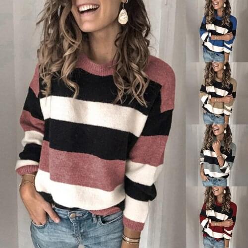 Women Fall Casual Long Sleeve Pullover O Neck Color Block Loose Knitted Sweater Female Patchwork All-match knitwear size S-3XL