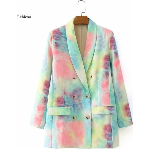Autumn New Sweet Women Jacket Long Sleeve Double-Breasted Fashion Ladies Tie-Dye Printed Suit Suits Outwear Trend Coat