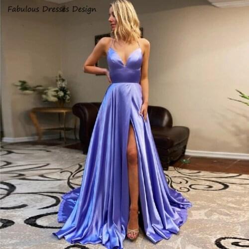 Spaghetti Strap A Line 2020 Prom Dresses V Neck Criss Cross Backless Slit Vestido Sweep Train Long Evening Dress Party For Women