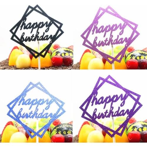 1pc Geometric Happy Birthday Cake Topper Glittler Square Cake Flags Birthday Wedding Party Cake Baking Decor Cupcake Flags