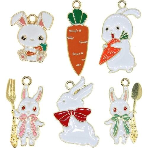 10pcs/lot Cute Enamel Bunny Holding Cutlery Spoon Fork Charm Radish Rabbit Bow For Earrings Necklace Bracelet DIY Jewelry Making