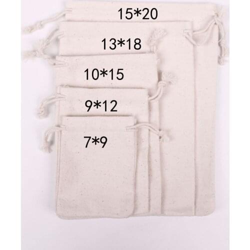 100pcs/Lot 7x9 9x12 10x15 13x18 15x20cm 130g Drawstring Natural Cotton Bags & Pouches Gift Packing Bag Custom Logo Printed
