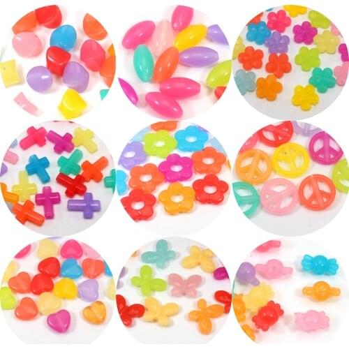 100pcs Mixed Jelly Color Acrylic Various Shape Heart Flower Charm Beads Crafts