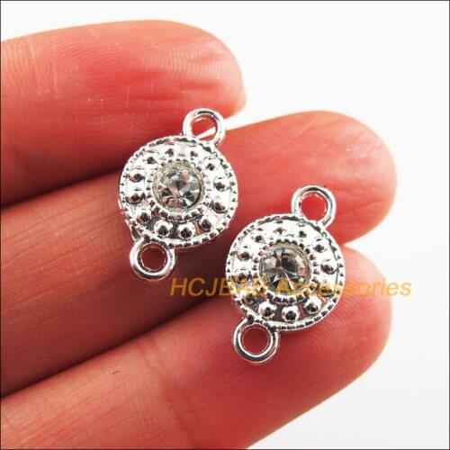 New 30Pcs Silver Plated Round Clear Crystal Charms Pendants Connectors 11x18mm