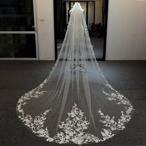 300cm Wedding Veil With Comb Soft Tulle Lace 3D Floral Appliques One Layer Bridal Veils Cathedral Length