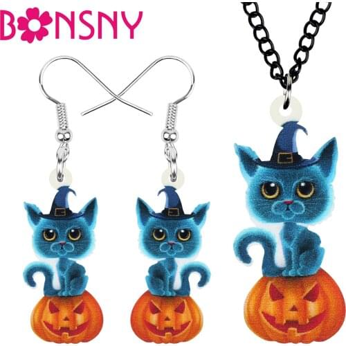 Bonsny Acrylic Halloween Pumpkin Lantern Cat Jewelry Sets Cute Pet Animal Earrings Necklace For Women Kid Fashion Gift Accessory